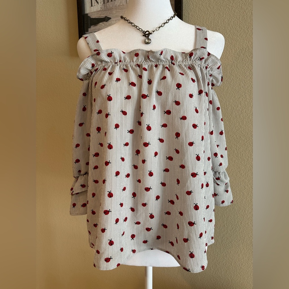 Twine & String Anthropologie Off The Shoulder Ladybug Gingham Top Ruffle - Sz M